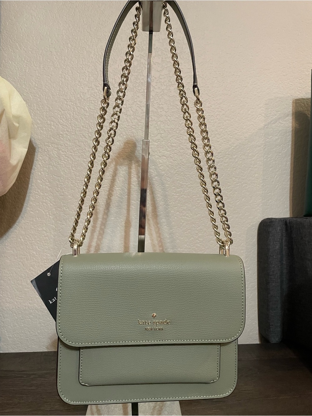 kate spade sage green leather crossbody with gold chain